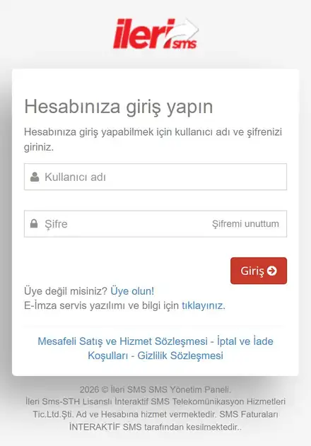 İleri SMS yönetim paneli giriş ekranı